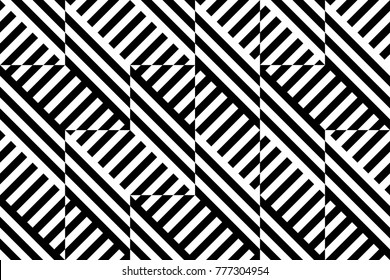 Seamless pattern with striped black white diagonal lines (zigzag, chevron). Rhomboid glume. Optical illusion effect. Geometric tile in op art. Vector illusive background. Futuristic vibrant design.