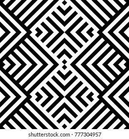 Seamless pattern with striped black white diagonal lines (zigzag, chevron). Rhomboid glume. Optical illusion effect. Geometric tile in op art. Vector illusive background. Futuristic vibrant design.