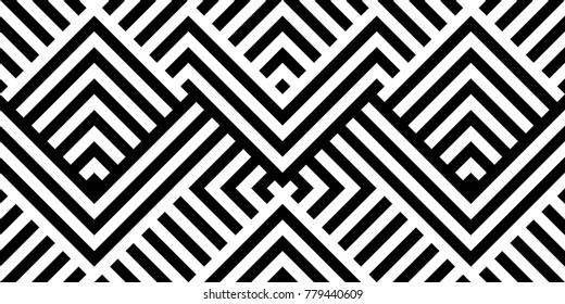 Seamless pattern with striped black white diagonal lines (zigzag, chevron). Rhomboid scales. Optical illusion effect. Geometric tile in op art. Vector illusive background. Futuristic vibrant design.