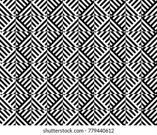 Seamless pattern with striped black white diagonal lines (zigzag, chevron). Rhomboid scales. Optical illusion effect. Geometric tile in op art. Vector illusive background. Futuristic vibrant design.