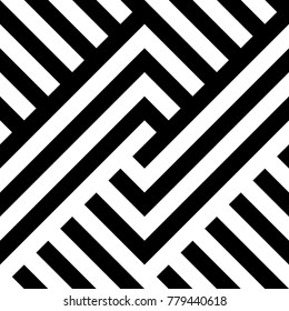 Seamless pattern with striped black white diagonal lines (zigzag, chevron). Optical illusion effect. Geometric tile in op art. Vector illusive background. Futuristic vibrant design.