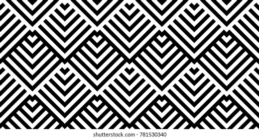 Seamless pattern with striped black white diagonal lines (zigzag, chevron). Rhomboid scales. Optical illusion effect. Geometric tile in op art. Vector illusive background. Futuristic vibrant design.