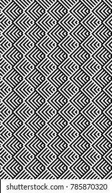 Seamless pattern with striped black white diagonal lines (zigzag, chevron). Rhomboid scales. Optical illusion effect. Geometric tile in op art. Vector illusive background. Futuristic vibrant design.