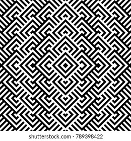 Seamless pattern with striped black white diagonal lines (zigzag, chevron). Rhomboid scales. Optical illusion effect. Geometric tile in op art. Vector illusive background. Futuristic vibrant design.