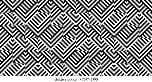 Seamless pattern with striped black white diagonal lines (zigzag, chevron). Rhomboid chaotic scales. Optical illusion. Geometric tile in op art. Vector illusive background. Futuristic vibrant design.
