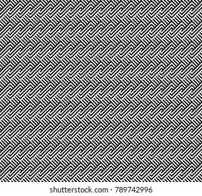 Seamless pattern with striped black white diagonal lines (zigzag, chevron). Rhomboid scales. Optical illusion effect. Geometric tile in op art. Vector illusive background. Futuristic vibrant design.