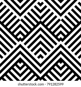 Seamless pattern with striped black white diagonal lines (zigzag, chevron). Rhomboid scales. Optical illusion effect. Geometric tile in op art. Vector illusive background. Futuristic vibrant design.