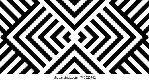 Seamless pattern with striped black white diagonal lines (zigzag, chevron). Rhomboid glume. Optical illusion effect. Geometric tile in op art. Vector illusive background. Futuristic vibrant design.