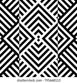Seamless pattern with striped black white diagonal lines (zigzag, chevron). Rhomboid scales. Optical illusion effect. Geometric tile in op art. Vector illusive background. Futuristic vibrant design.