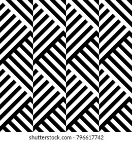 Seamless pattern with striped black white diagonal lines (zigzag, chevron). Rhomboid scales. Optical illusion effect. Geometric tile in op art. Vector illusive background. Futuristic vibrant design.