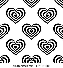  Patrón sin problemas. Corazón blanco-negro a rayas sobre fondo blanco. Ilustración vectorial de material. Diseño sencillo para ambientes modernos y elegantes, tarjetas de felicitación, impresiones de vacaciones, embalajes de diseño, textiles.