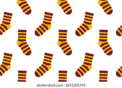 Seamless pattern with striped brown and orange socks. Warm color palette for autumn and cozy clothing themes.