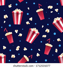 Seamless pattern with striped bucket of popcorn, popcorn kernels and red cup with soda on dark blue background. Cinema junk food