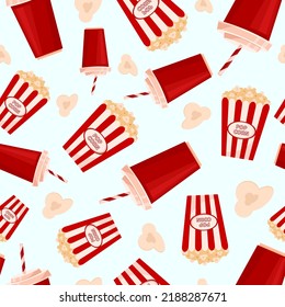 Seamless pattern with striped bucket of popcorn, popcorn kernels and red cup with soda. Cinema junk food.