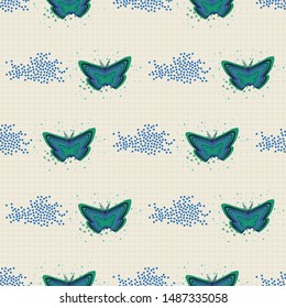 Seamless pattern with striped butterflies and scattered dots on grid background. Vector illustration in shades of green, purple, blue, white and cream for back to school supplies, textile, gifts