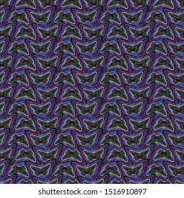 Seamless pattern with striped butterflies and warped vertical lines. Vector illustration in purple, aqua, green and lilac.