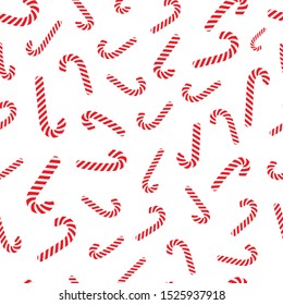 Seamless pattern with striped candy cane. Red and white caramel on white background.