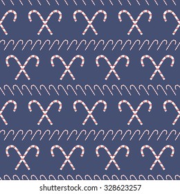 Seamless pattern of striped Christmas candies. Christmas and New Year festive background in blue, red and white colors. Vector illustration for various creative projects