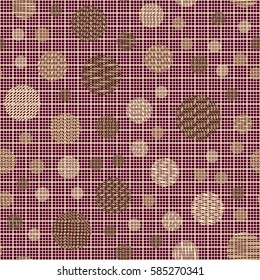 Seamless pattern. Striped circles on a background grid. Children's ornament. Flat. Colorful wallpaper.
