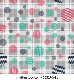 Seamless pattern. Striped circles on a background grid. Children's ornament. Flat. Colorful wallpaper.