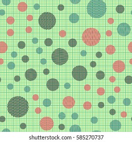 Seamless pattern. Striped circles on a background grid. Children's ornament. Flat. Colorful wallpaper.