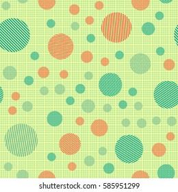 Seamless pattern. Striped circles on a background grid. Children's ornament. Flat. Colorful wallpaper.