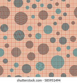 Seamless pattern. Striped circles on a background grid. Children's ornament. Flat. Colorful wallpaper.