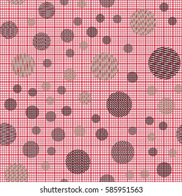 Seamless pattern. Striped circles on a background grid. Children's ornament. Flat. Colorful wallpaper.