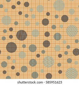 Seamless pattern. Striped circles on a background grid. Children's ornament. Flat. Colorful wallpaper.