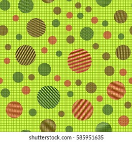 Seamless pattern. Striped circles on a background grid. Children's ornament. Flat. Colorful wallpaper.