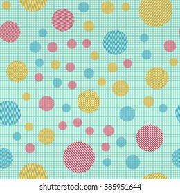 Seamless pattern. Striped circles on a background grid. Children's ornament. Flat. Colorful wallpaper.