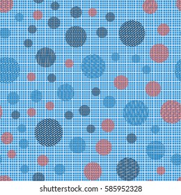 Seamless pattern. Striped circles on a background grid. Children's ornament. Flat. Colorful wallpaper.