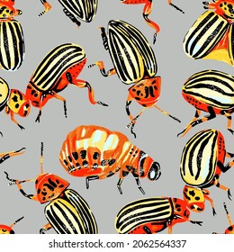 Seamless pattern striped Colorado beetles orange black gray vector