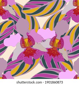 Seamless pattern of striped colored leaves and orchids Vanda Miss Joaquim. Template for printing on textiles, fabric, bedding, wrapping paper, covers, wallpaper, coloring pages. Vector illustration.