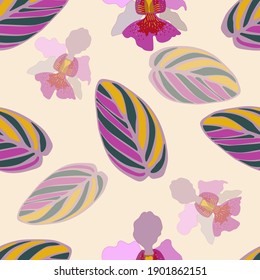 Seamless pattern of striped colored leaves and orchids Vanda Miss Joaquim. Template for printing on textiles, fabric, bedding, wrapping paper, covers, wallpaper, coloring pages. Vector illustration.