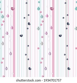 Patrón sin inconfundibles, rayado con el corazón de cristal y los diamantes en tonos pastel. Papel de cuadernillo con rayas rosas y turquesas con cristales multicolores