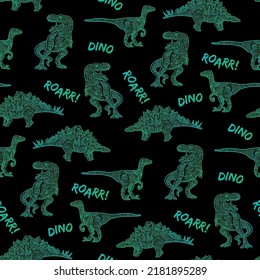 Seamless pattern of a striped dinosaur and typography background elements.