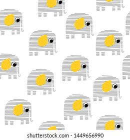 Seamless pattern with striped elephant. Kids cute monochrome print. Vector hand drawn illustration.