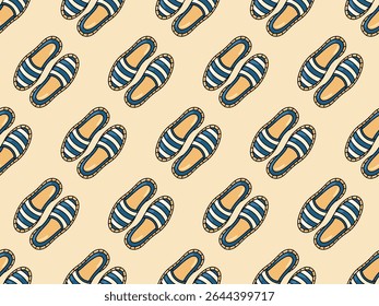 Patrón sin fisuras con zapatillas de alpargata a rayas sobre fondo beige. Zapatos de verano. Impresión de Vector de estilo de dibujos animados marinos