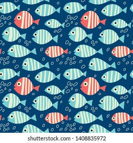 Seamless pattern with striped fishes on blue background.
