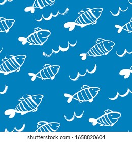 Patrón inoxidable con peces rayados sobre fondo azul. Dibujado a mano con un cepillo.