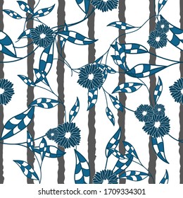 Flores de fondo floridas estriadas y follaje sin incandescencias repiten una textura de tapa infinita para textiles, papel de envolver, papel tapiz, ropa de cama, cortinas, ropa, estampados de tela de moda