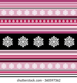 Seamless pattern - striped with floral motif in pink and black colors
