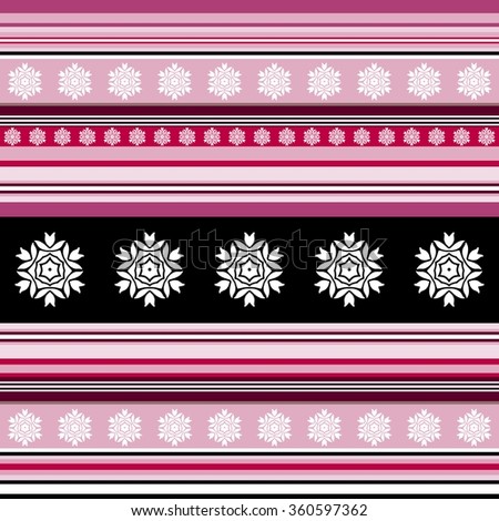 Seamless pattern - striped with floral motif in pink and black colors