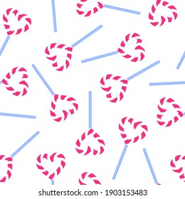 Seamless pattern of striped heart lollipop for the wedding or Valentine's Day. Cartoon vector isolated design for wallpaper, wrapping paper, textile, etc.