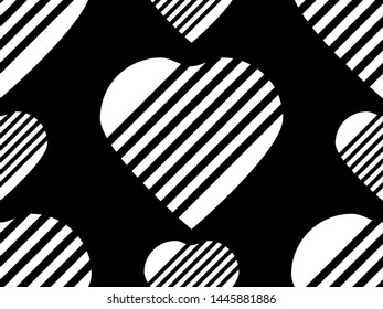 Seamless pattern with striped hearts in black and white. Vector illustration