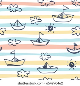 A seamless pattern in striped horizontal with ships.