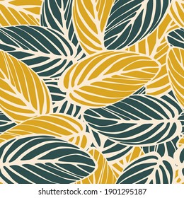 Seamless pattern of striped large leaves green and yellow. Template for printing on textiles, fabrics, bed linen, wrapping paper, covers, wallpaper. Vector illustration.