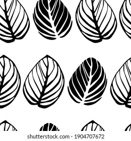 Patrón sin foco de hojas grandes a rayas. Plantilla para la impresión en textiles, tejidos, ropa de cama, papel de envoltura, cubiertas, papel pintado, para los libros de colorante. Blanco y negro. Ilustración vectorial.
