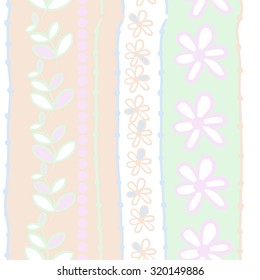 Seamless   pattern of  striped motif,   branches, leaves, ellipses, flowers,stripes, doodles. Hand drawn.